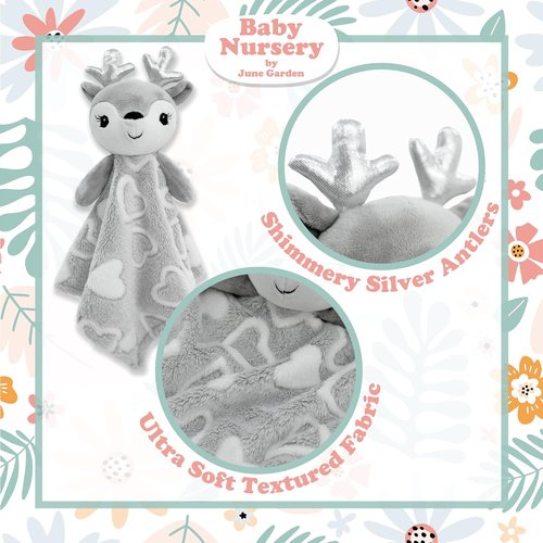 June Garden Cozy Dream Fleece Baby Security Blanket | Soft Plush Stuffed Deer Lovey - 15 x 15 Inches - Grey