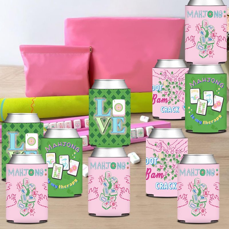 KARAQY 12 Pcs Mahjong Party Can Coolers, Pink and Green Mahjong Can Sleeve for Mahjong Gifts Mahjong Party Decorations Supplies