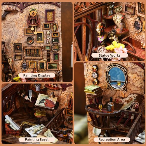 MiniCity Book Nook Kit - DIY Miniature Dollhouse Bookend Decor with LED Light | 3D Wooden Puzzle, Painter's Day at Dusk