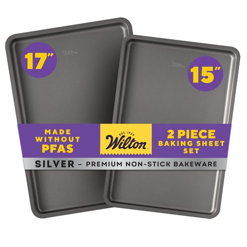 Wilton Silver 2- Piece Non-Stick Baking Sheet Set, Stainless Steel Bakeware for Baking and Roasting, Made without PFAS