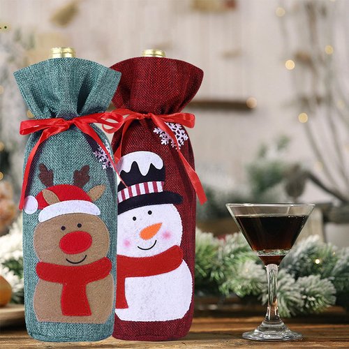 Heeshin 4pcs Christmas Wine Bottle Bags Burlap Wine Bottle Gift Bags with Drawstring, Reusable Santa Claus, Snowman & Reindeer Drawstring Covers for Xmas New Year Party Table Decoration