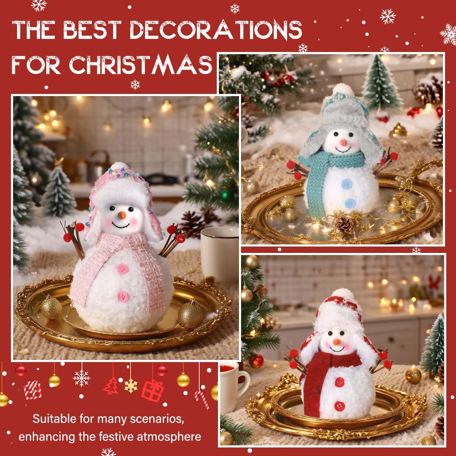 Skiennix Christmas Snowmen Plush Decorations - Set of 3 Collectible Figurines for Festive Home Decor