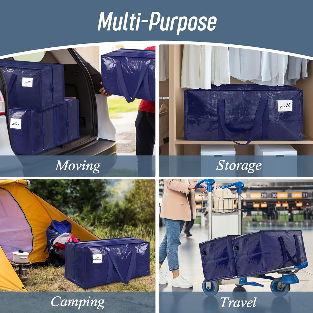 Skiennix Extra Heavy Duty Moving Bags - Large Sturdy Storage Totes with Strong Zipper & Comfortable Handles | Dark Blue, 6 Pack