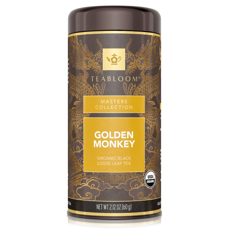 Teabloom Organic Golden Monkey Loose Leaf Tea, USDA Certified Organic Black Tea, Lingering Aroma with Smooth and Malty Flavor, 2.12 Ounce Loose Leaf Tea Canister Makes 35-50 Cups