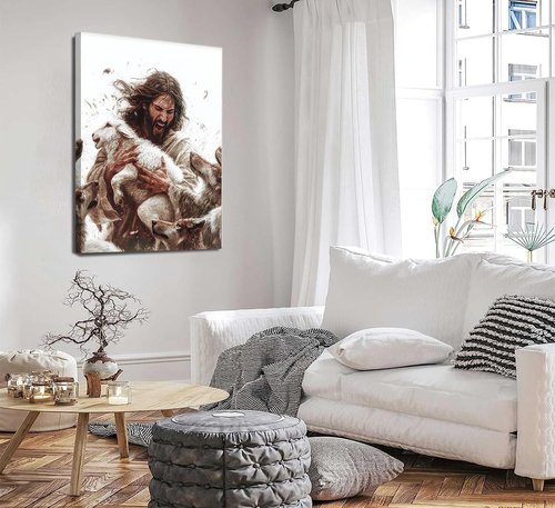Jesus And Lamb Canvas Wall Art - Inspiring Christian Home Decor | 12x16 Inch Framed Print
