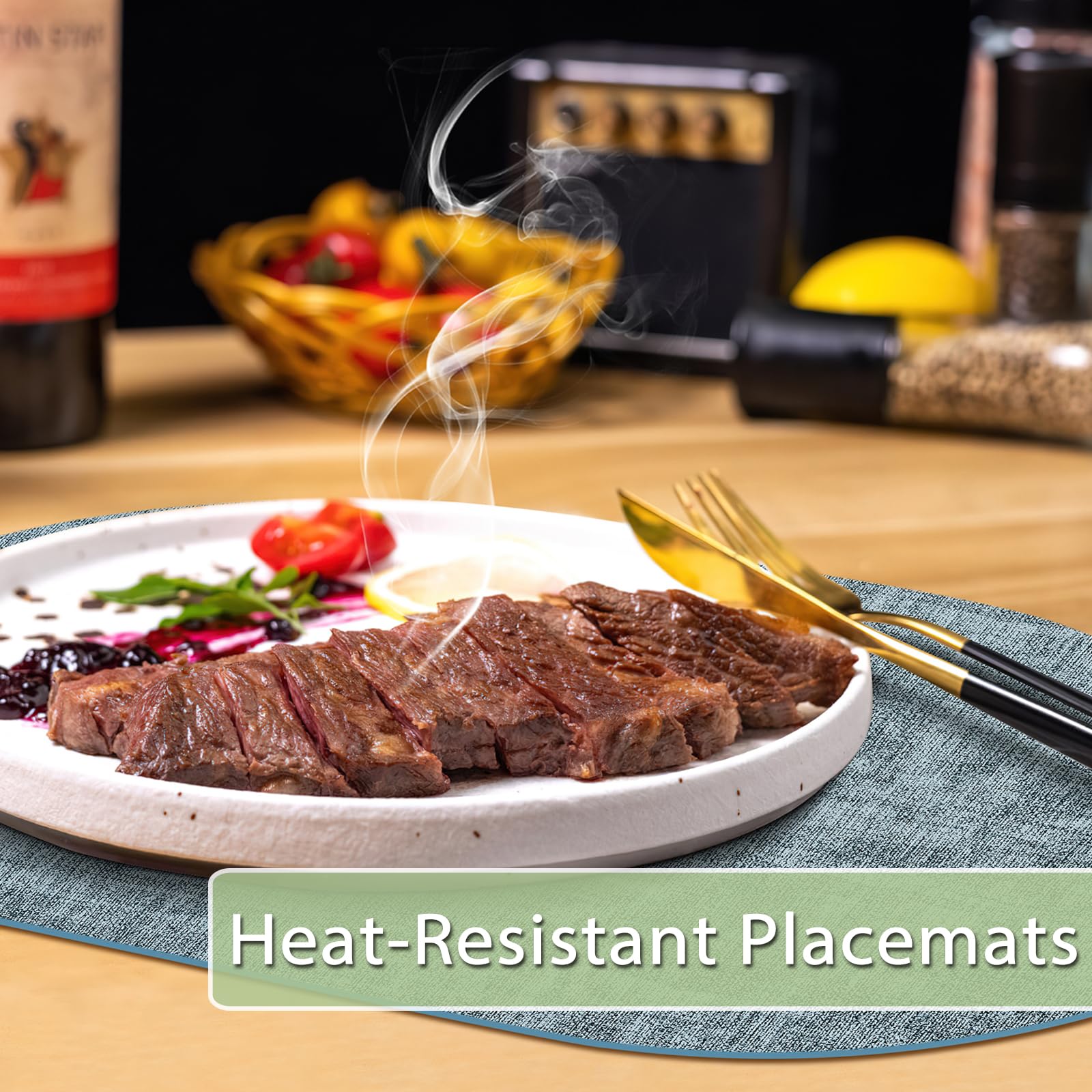 BARTHKIT Placemats Set of 12 Washable, Heat Resistant Table Placemats Wipeable Faux Leather Oval Place Mats Non Slip, Waterproof Oval Table Mats for Indoor Outdoor, Light Blue