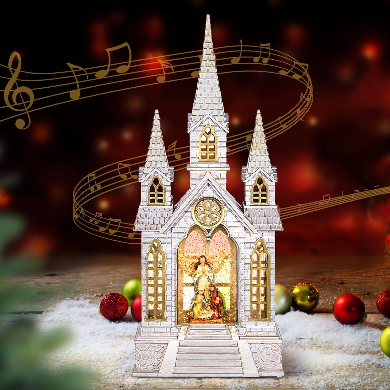 Skiennix Church Snow Globe | Lighted Christmas Lantern with Angel Nativity Scene & Music
