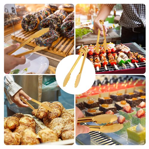 5 Pack Gold Serving Tongs Salad Tongs 9 Inch Buffet Tongs Stainless Steel Food Tong Serving Utensils for Buffet Wedding Party Catering (9 Inch, Gold)