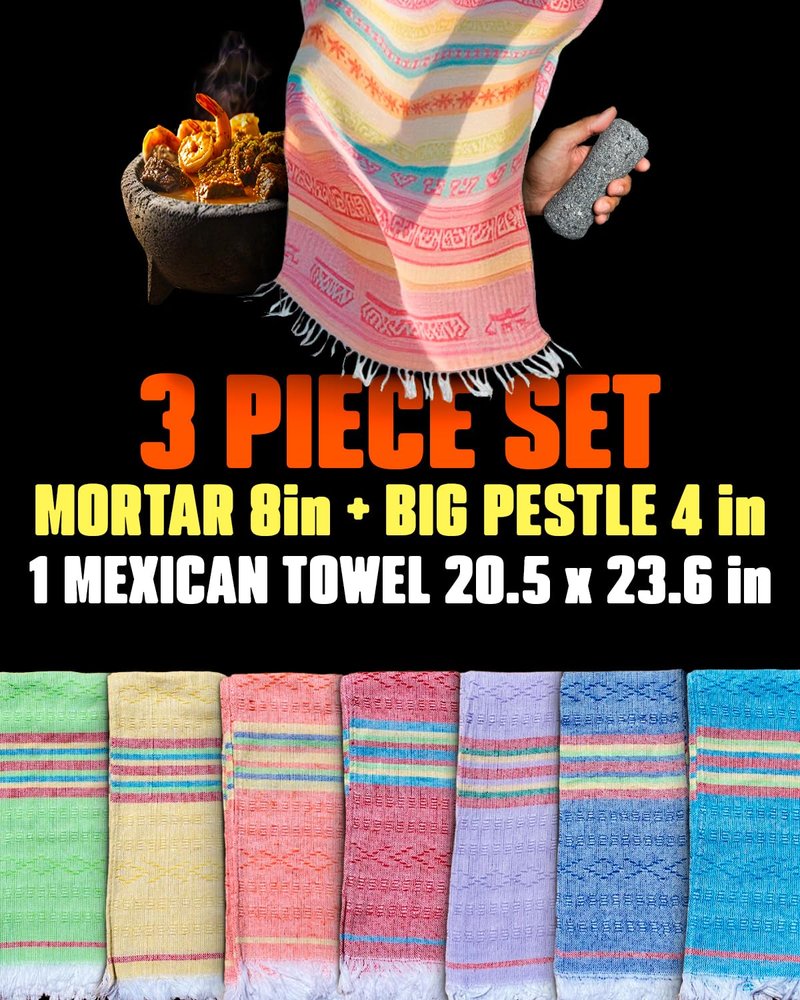Authentic Molcajete Mexicano Made of Volcanic Rock | 3 Pcs Set (1 Mortar + 1 Pestle + 1 MexTowel) High-Heat Resistant, Mexican Mortar and Pestle Set, Guacamole Bowl and Masher