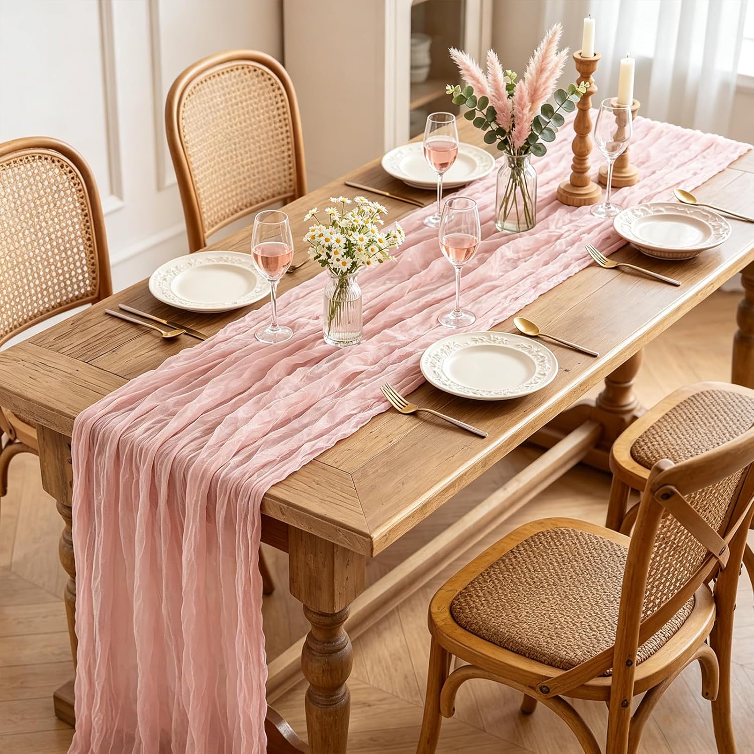 Skiennix Pink Cheesecloth Table Runner - 10FT Dusty Pink Boho Gauze for Spring & Events