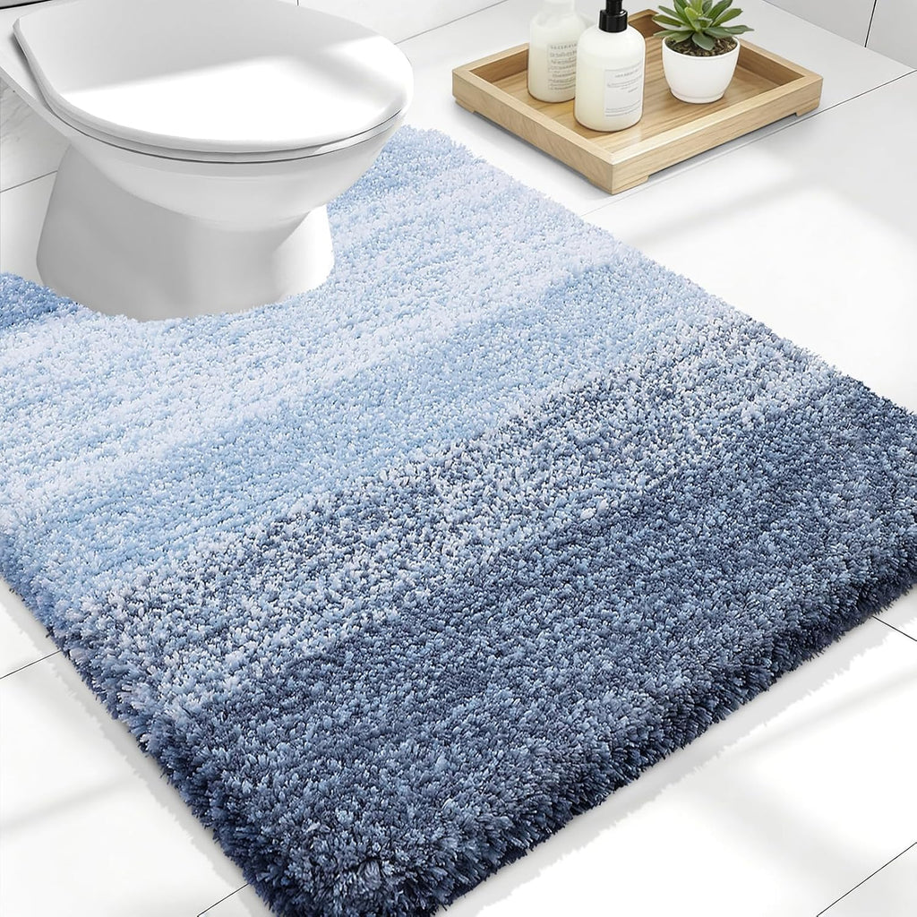 OLANLY Luxury U-Shaped Toilet Rugs - Extra Soft Microfiber, Non-Slip Plush Bath Mat, 24x20, Blue