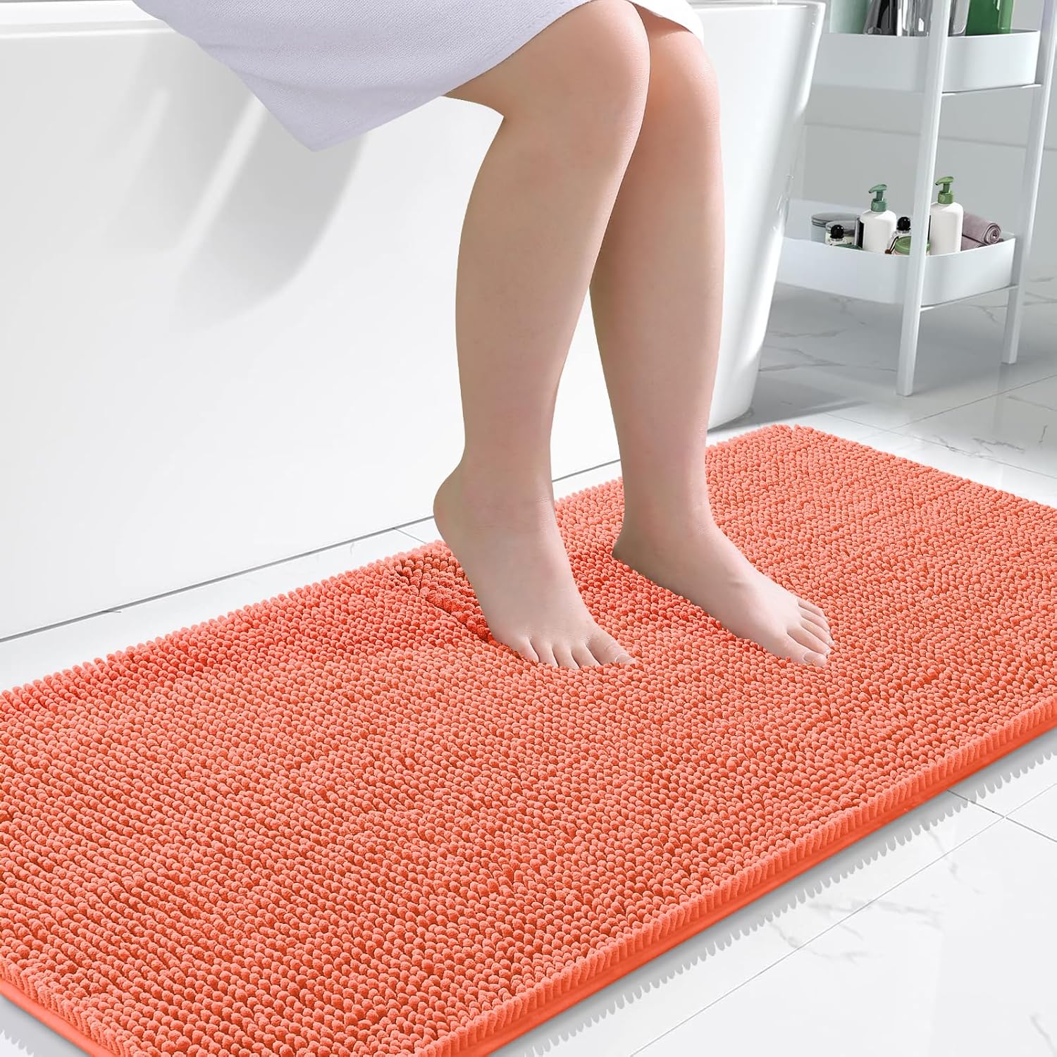 OLANLY Bathroom Rugs - Extra Soft Chenille Bath Mats | 47x24, Quick Dry, Machine Washable, Coral