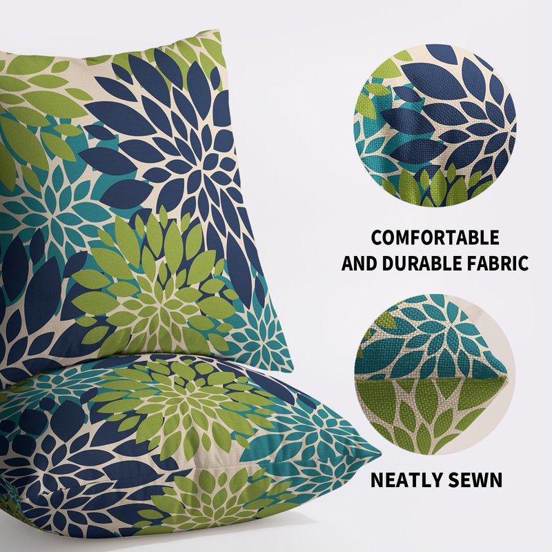 Smozenith Navy Blue Green Teal Pillow Covers 18X18 Inch Set of 2, Modern Geometry Dahlia Floral Print Decorative Throw Pillow Covers Outdoor Farmhouse Cushion Case for Home Couch Sofa Bed Decoration