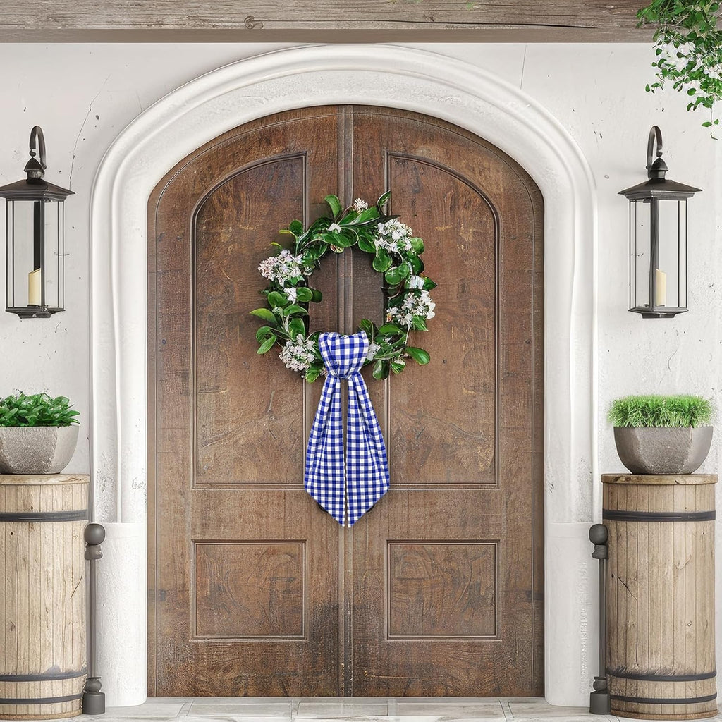 Skiennix Wreath Sash - Blue & White Buffalo Plaid Seersucker Design | 5.1 x 54.3" Indoor/Outdoor Decor