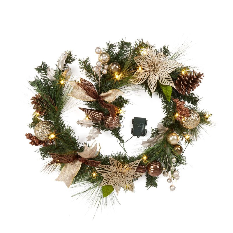 Fashionwu Gold Pre-lit Christmas Garland with Lights, 6 FT Lighted Xmas Garland with Golden Brown Bow-Knot Ball Decorations, Window Front Porch Door Fireplace Mantle Banister Decorations