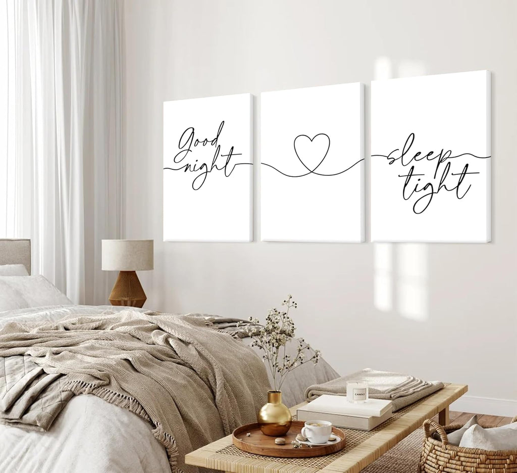 Skiennix Minimalist Wall Art - Bedtime Quotes Black Line Art Heart Shape Poster | 3-Piece Set for Living Room & Bedroom Decor