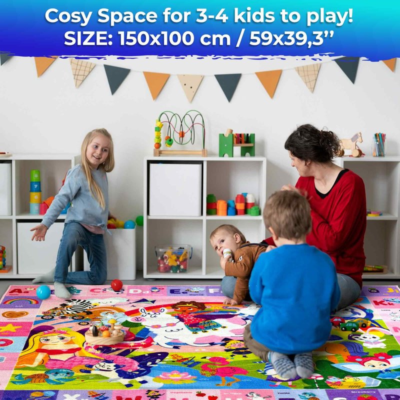 QUOKKA Small Classroom Girl Rug for Kids - 60x41 ABC Rugs for Playroom - Bedroom Alphabet Learning Area Rug - Girls Toddler Rugs Boys and Girls - Kids Room Carpet