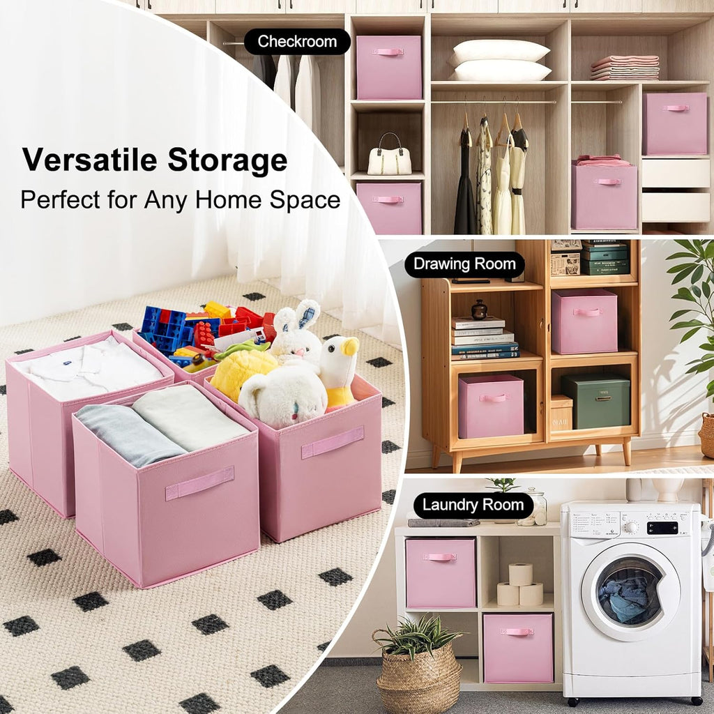 Skiennix Fabric Storage Bins - 6 Pack Collapsible Cube Organizer for Closet & Living Space | Foldable Pink Boxes with Handles (11 Inch)