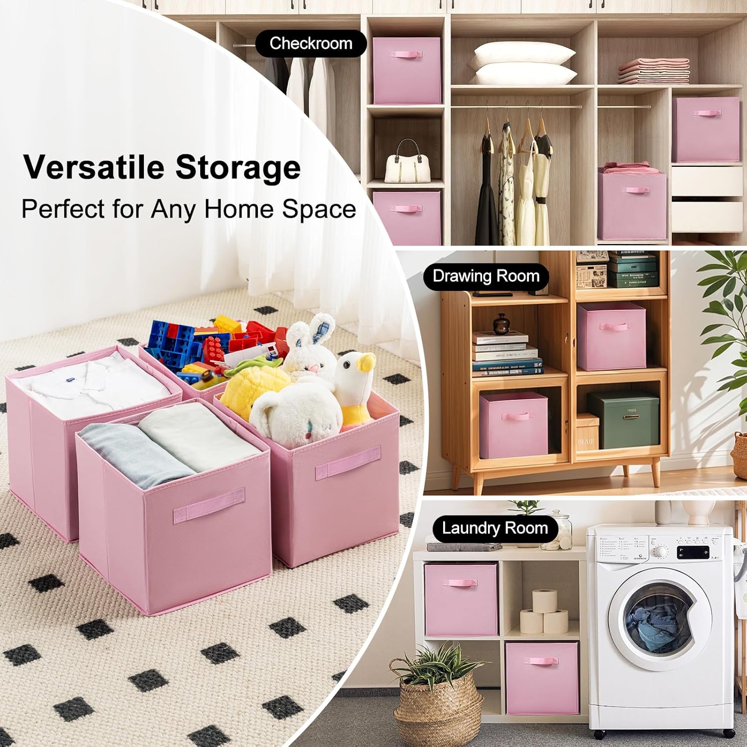 Skiennix Fabric Storage Bins - 6 Pack Collapsible Cube Organizer for Closet & Living Space | Foldable Pink Boxes with Handles (11 Inch)