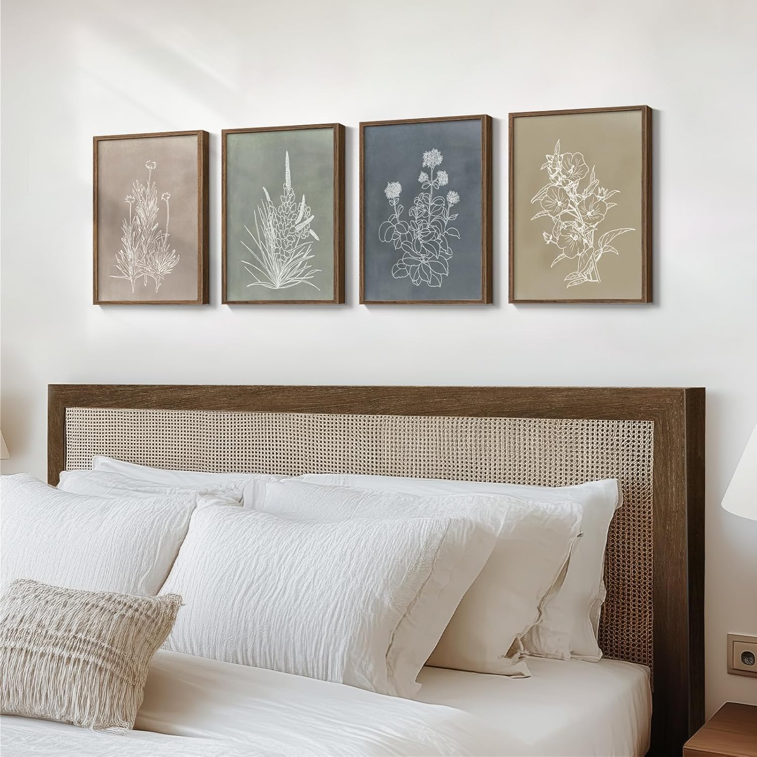 Skiennix Framed Boho Botanical Wall Art - 4 Piece Rustic Floral Canvas Set for Modern Decor
