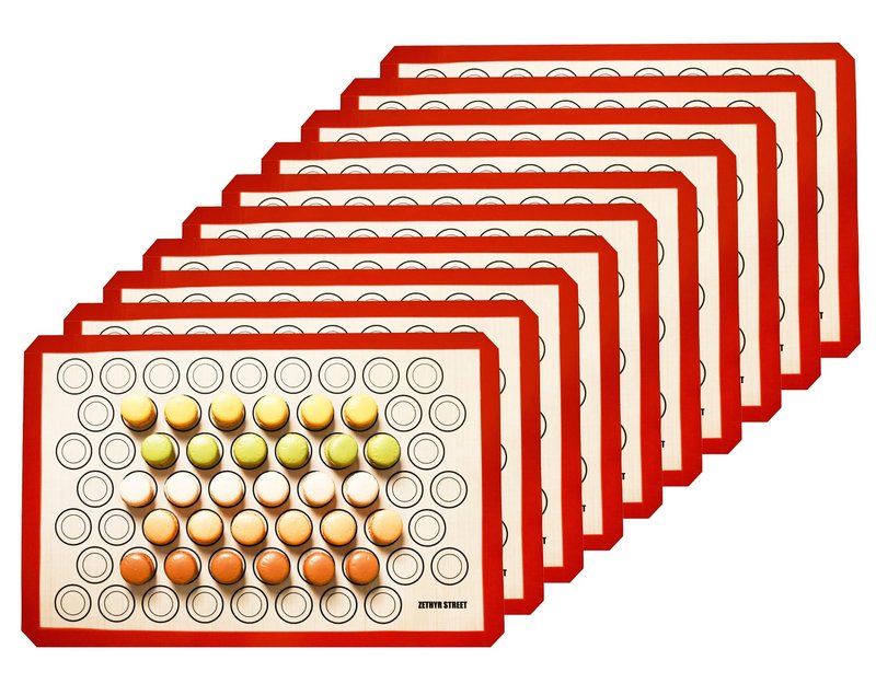 Macaron Silicone Baking Mats - Set of 10 - Full Size - 16.5 x 24, Non-Stick Macaron Mat for Perfect Baking - Dishwasher & Oven Safe, Ideal for Macarons, Cookies, Bread, Red Border