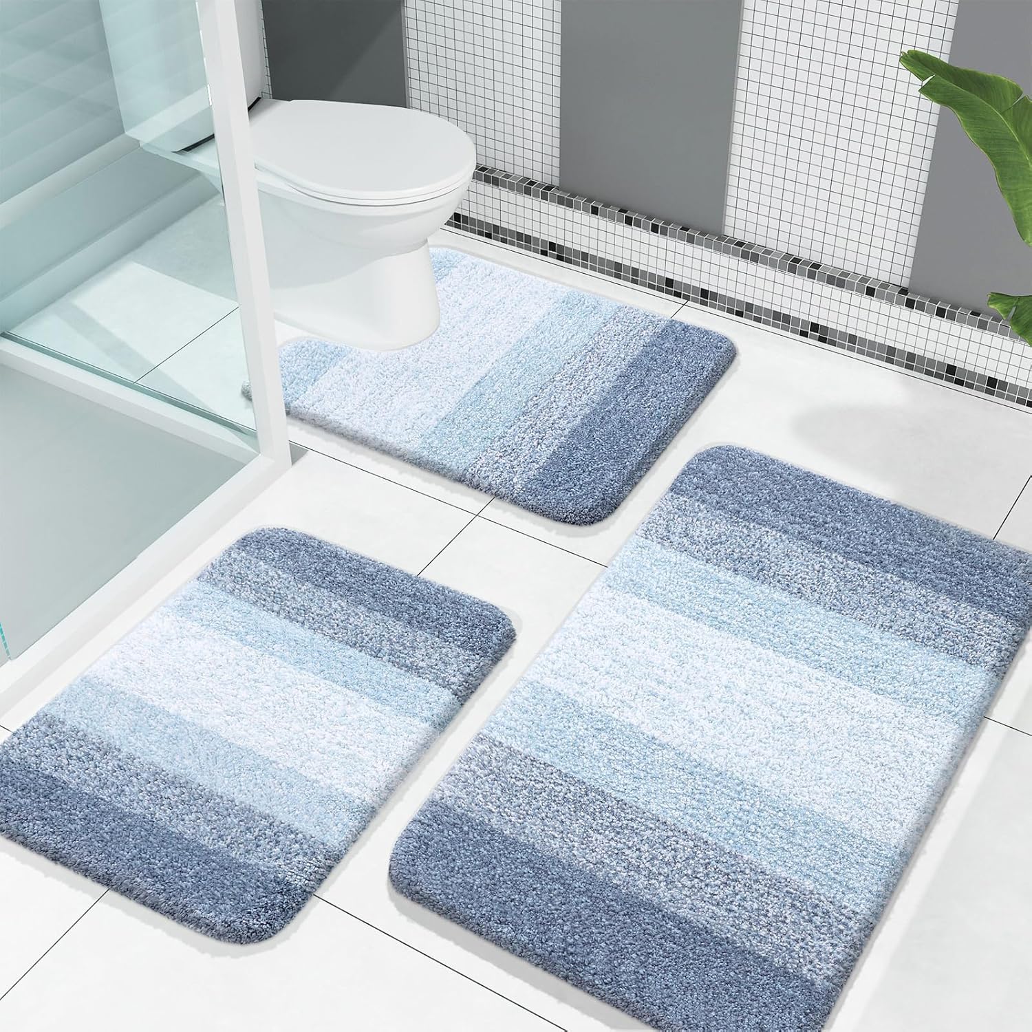 OLANLY Bathroom Rugs Set - Soft Absorbent Microfiber Mats & U-Shaped Contour Rug | 3-Piece Blue Set (30"x20"+24"x16"+24"x20")