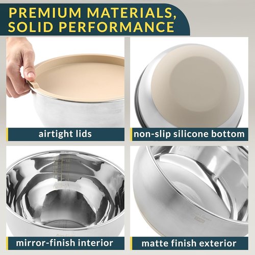 Baker's Signature Stainless Steel Mixing Bowls Set - Airtight Lids, Non-Slip Base | 5 Sizes (0.63QT-5QT), Khaki
