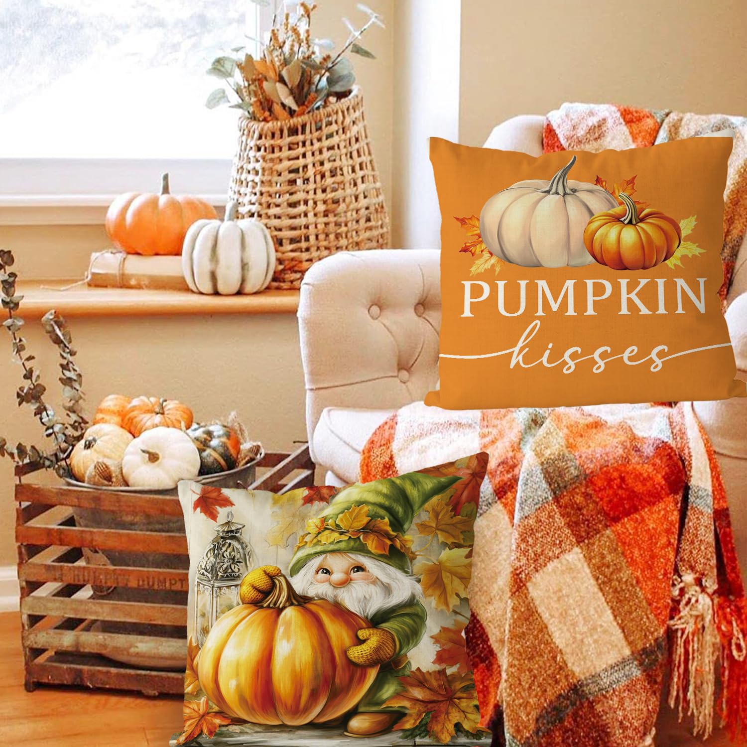 GAGEC Fall Pillow Covers 18x18 Inch Set of 4 Gnomes Pumpkin Maple Leaves Decorative Throw Pillow Covers Harvest Autumn Thanksgiving Pillowcase for Farmhouse Home Sofa Living Room Decor