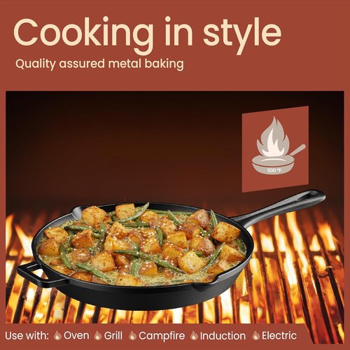 Bakken Pre-Seasoned Cast Iron Skillet - 12" Versatile Frying Pan with Glass Lid & Silicone Handle
