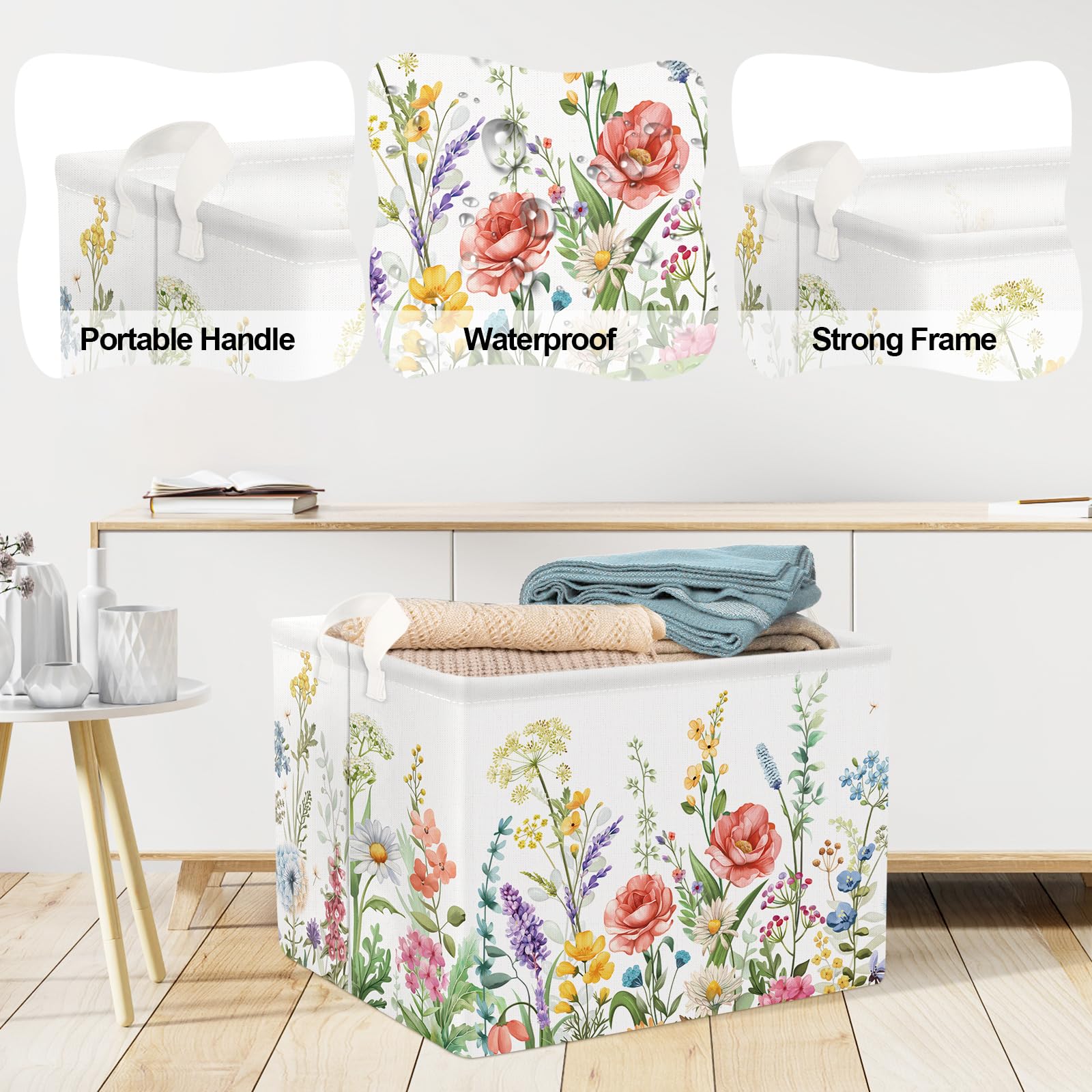 Clastyle 36L Wild Flower Plants Girls Storage Basket Spring Garden Daisy Rose Clothes Toy Nursery Bin Collapsible Rectangle Book Shelf Basket for Kids Room