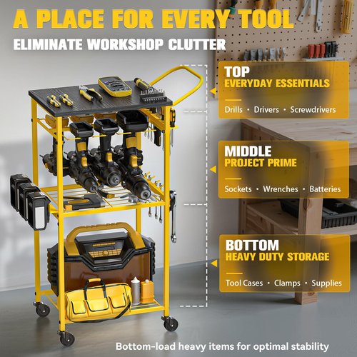 Ferreteriai Heavy Duty Mobile Tool Organizer Cart with Wheels, Large Capacity Rolling Workshop Storage, Garage and Shop Organization with Battery Holder for DIY and Professional Use
