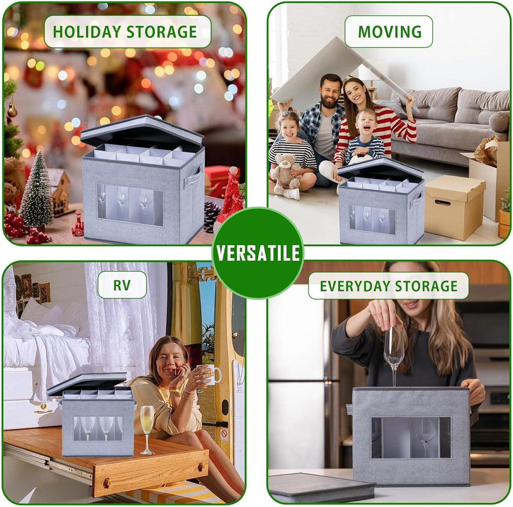 VENO Champagne Flute Glass Storage Box - 2 Pack with Lid & Handles | Organizer for 12 Glasses