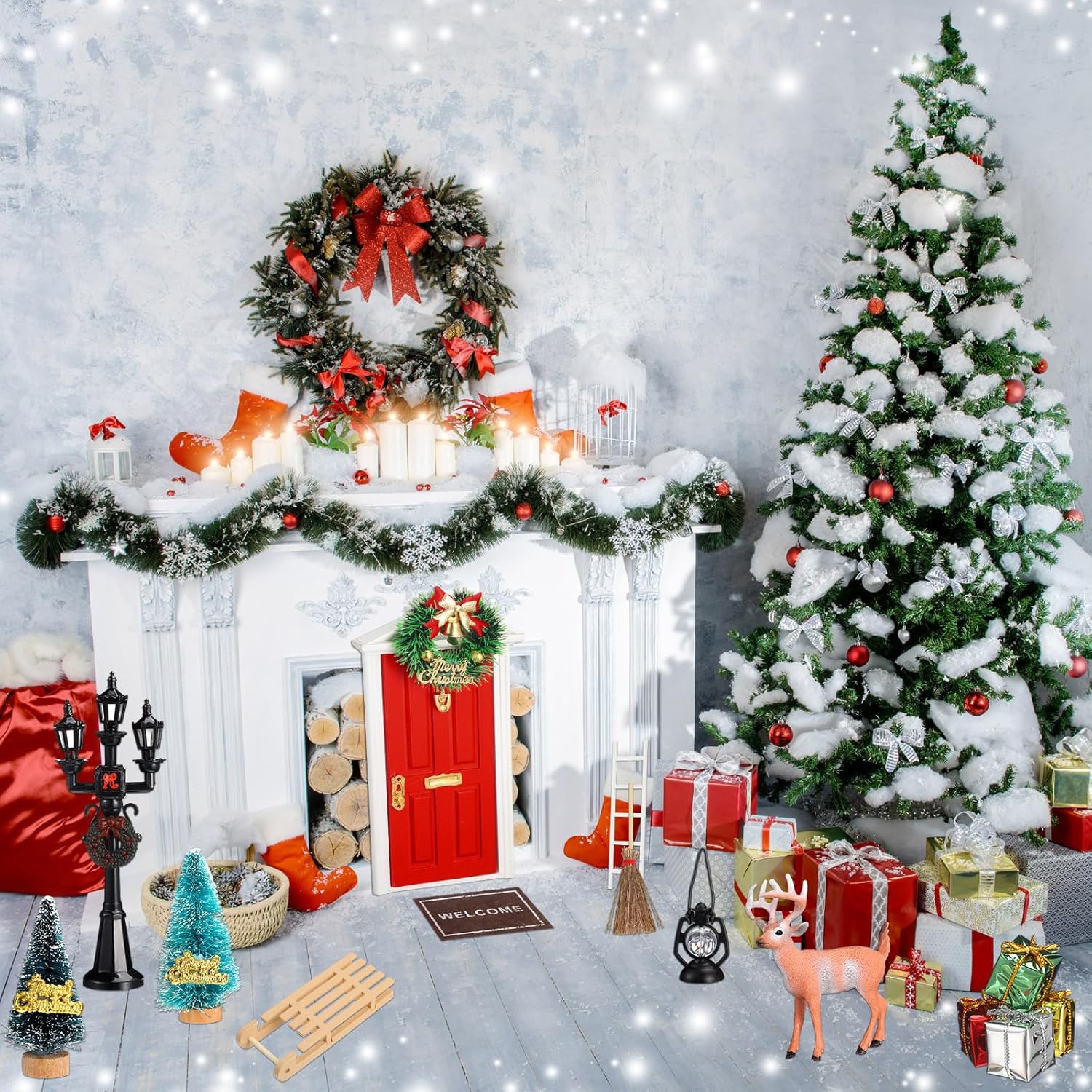 Shappy Christmas Elf Fairy Doors - 39 Pcs Enchanted Wooden Miniature Outdoor Decor | Red