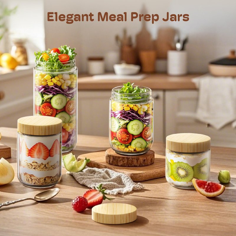 2 Pack 16oz Overnight Oats Containers with Bamboo Lids, Glass Jars with Airtight Lids for Meal Prep, Wide Mouth Mason Salad Jars, Glass Food Storage Container for Yogurt Chia Snacks Spice Sugar