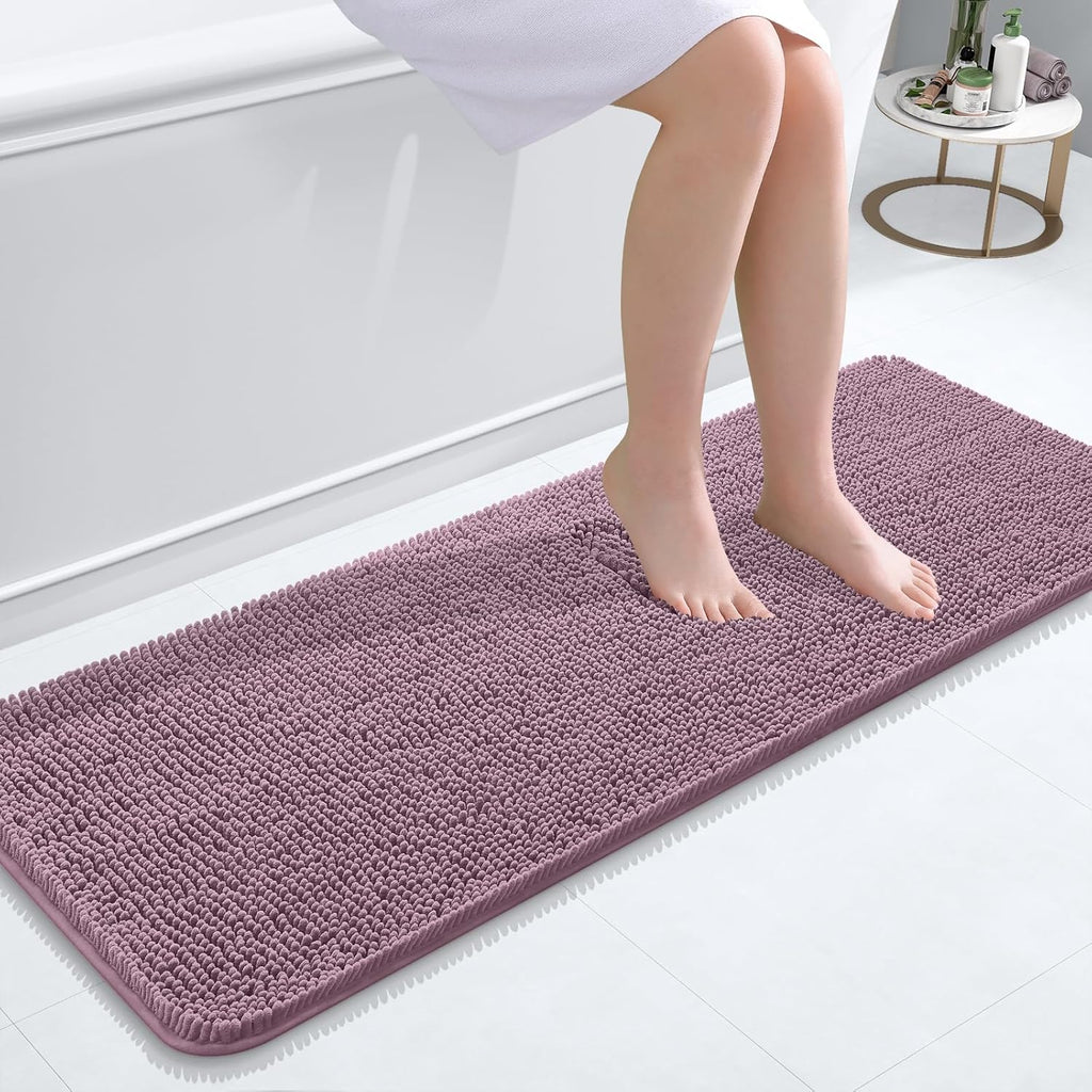 OLANLY Bathroom Runner Rugs - Soft Chenille Bath Mats with Rubber Backing | Quick Dry, Machine Washable, 47x17, Deep Plum