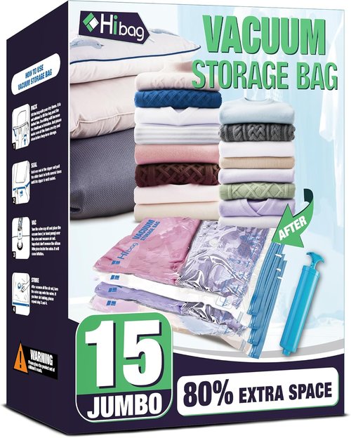 HIBAG 15 Jumbo Vacuum Seal Bags - Ideal for Clothing, Comforters & Bedding Storage (15J)