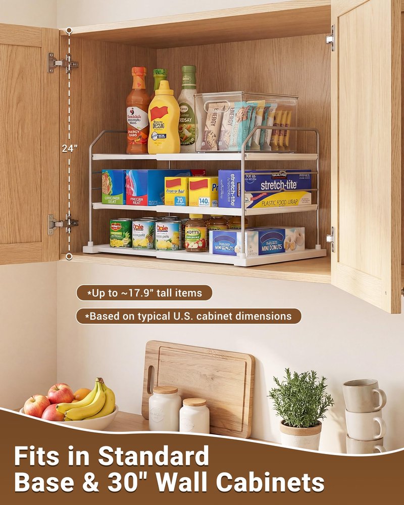 EVERIE Extendable 3-Tier Kitchen Cabinet & Pantry Organizer for Plastic Wrap, Foil & Storage Bags, Adjustable Heavy Duty Shelf Rack for Wrap Boxes, Jars & Snack Boxes (11–16.7 in Wide), Pack of 2