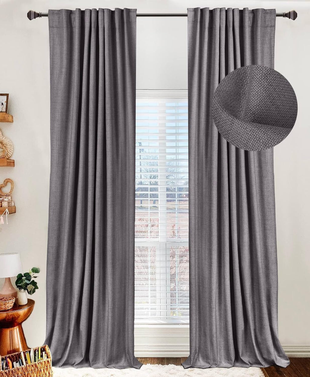 Skiennix 100% Blackout Linen Curtains - Thermal Insulated Drapes for Bedroom | 84" Long, Dark Gray, 2 Panels Set