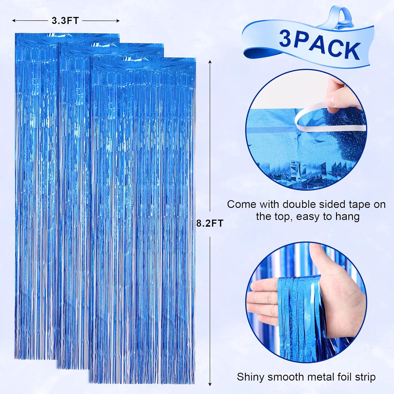 Voircoloria 3 Pack Laser Blue Foil Fringe Backdrop Curtains - 3.3 x 8.2 Ft Tinsel Streamers for Parties