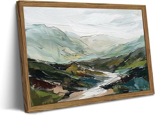 Framed 3D Textured Mountain Wall Art - Abstract Green Landscape Decor | Hand-Drawn Sandstone Aesthetic 12x16 Inch