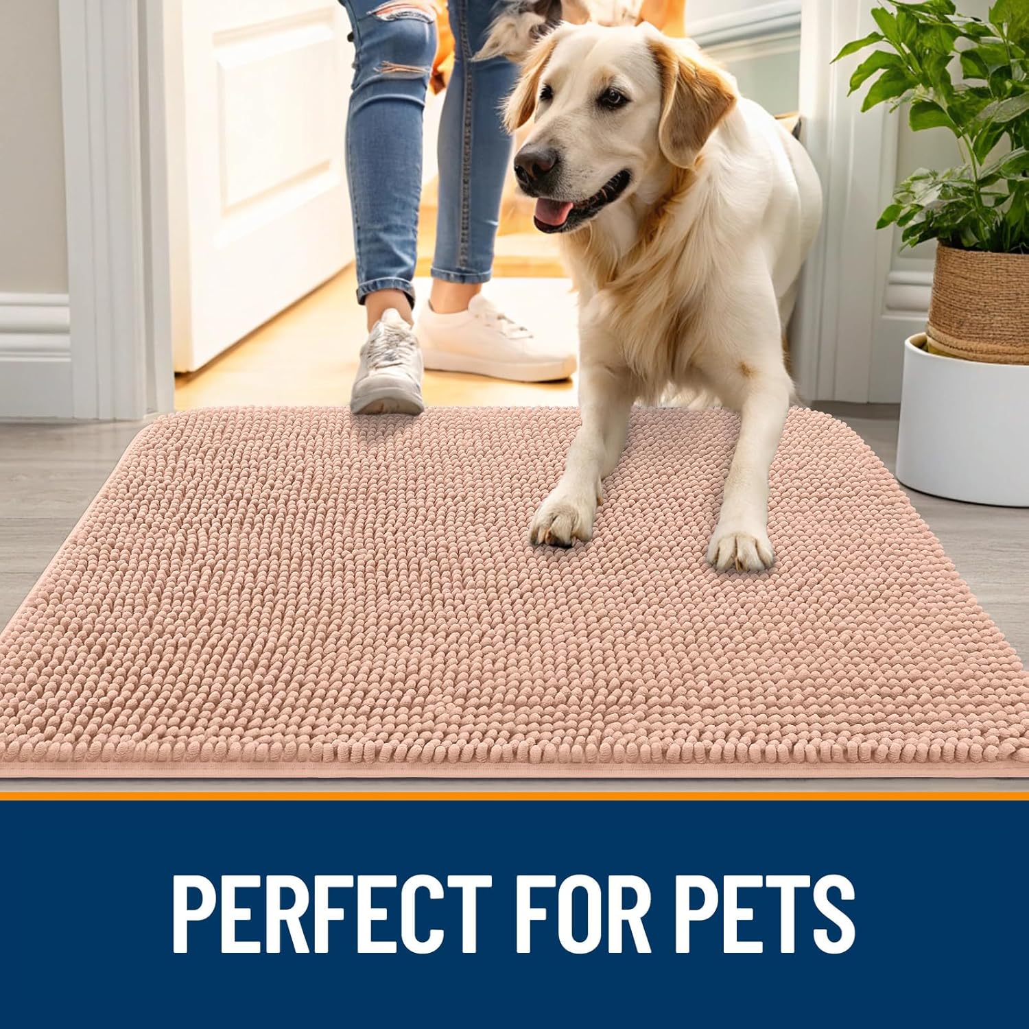 OLANLY Dog Door Mat - Absorbent Non-Slip Chenille for Muddy Paws | 70x46 Inches, Quick Dry, Peach
