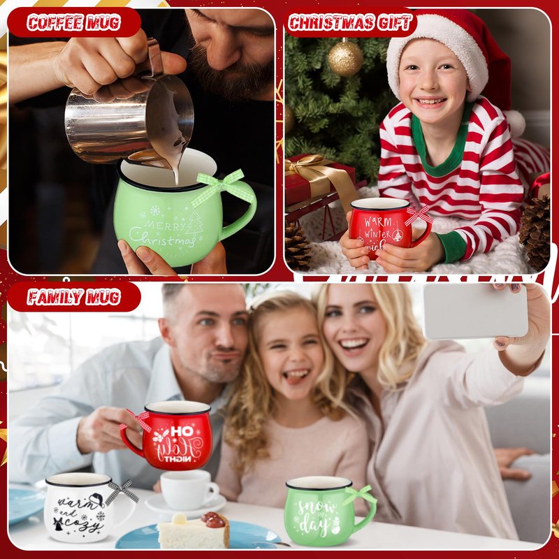 Suttmin 12 Pcs Ceramic Christmas Mugs Set 12 oz Christmas Coffee Cups with Ribbon for Tea and Coffee Xmas Holiday Gift Tiered Tray Decor for Hot Cocoa Kitchen Table, Red, Green, White