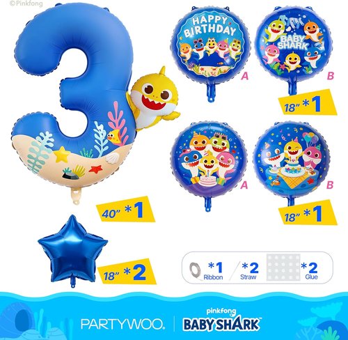 **PartyWoo Baby Shark Blue Foil Number 3 Balloon - 5pcs 18 Inch Round Mylar Helium Decorations for Kids' Birthday**