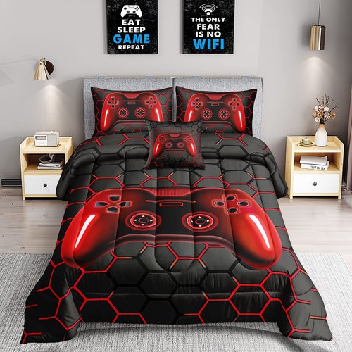 ROWADALO 6 Pieces Bed in A Bag Gamer Bedding Set for Boys Kids Adult Gaming Comforters Set,Boys Bed in A Bag Set Queen Size Comforter with Fitted Sheet Flat Sheet Pillowcase pillowsham,DJTH5027Queen