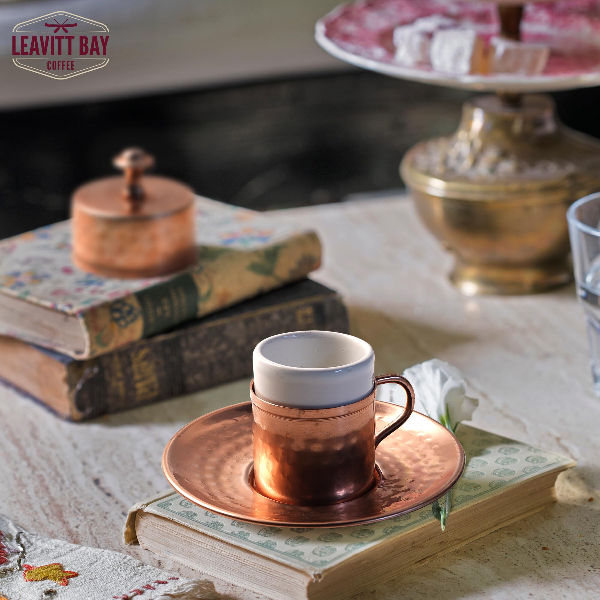 Turkish Coffee Set – Turkish Coffee Maker Set w/ 2 Cups, Sugar Dish, & Copper Pot (Cezve) – Traditional Gifts for Latte Lovers - 7oz