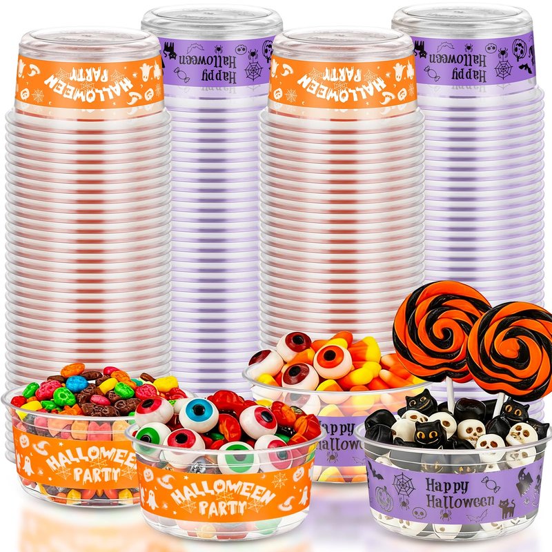 SiliFine 100 Pcs Halloween Candy Bowls 12 oz Plastic Clear Bowls Bulk Disposable Halloween Party Serving Dishes for Fruit, Candy, Desserts, Snacks, Soup, Salads, Parfaits