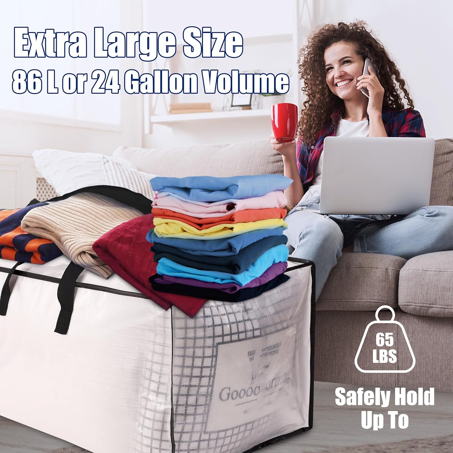 Sweet Dolphin Extra Large Moving Bags - Heavy Duty Storage Totes with Strong Zippers & Handles | 6 Pack, Fold Flat, Semi-Transparent