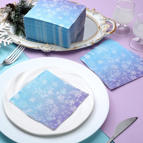 Janlaugh 100 Pcs Bulk Snowflake Paper Napkins Gradient Blue and Purple 3 Ply Disposable Party Napkins for Guest Wonderland Party Hand Towel for Winter Birthday Supplies (9.84 x 9.84 Inches)