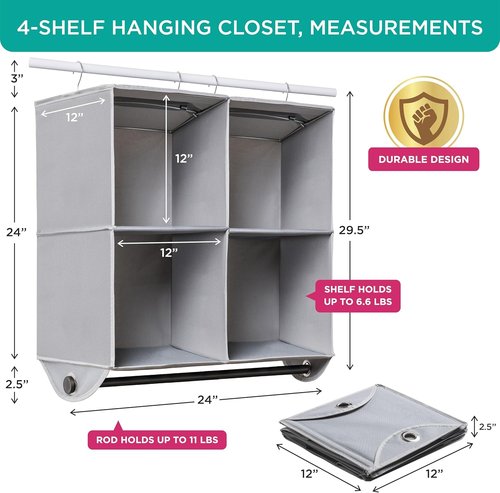 HOLDN’ STORAGE Hanging Closet Organizer - Heavy-Duty 4-Shelf Unit with Garment Rod, Grey