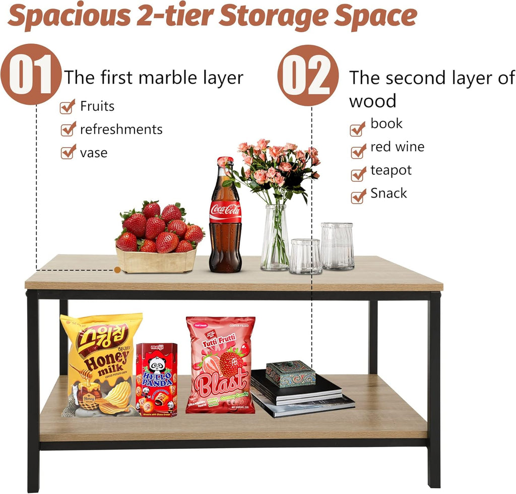 Skiennix 2-Tier Coffee Table - Metal Frame with Open Storage Shelf | Easy Assembly for Living Room
